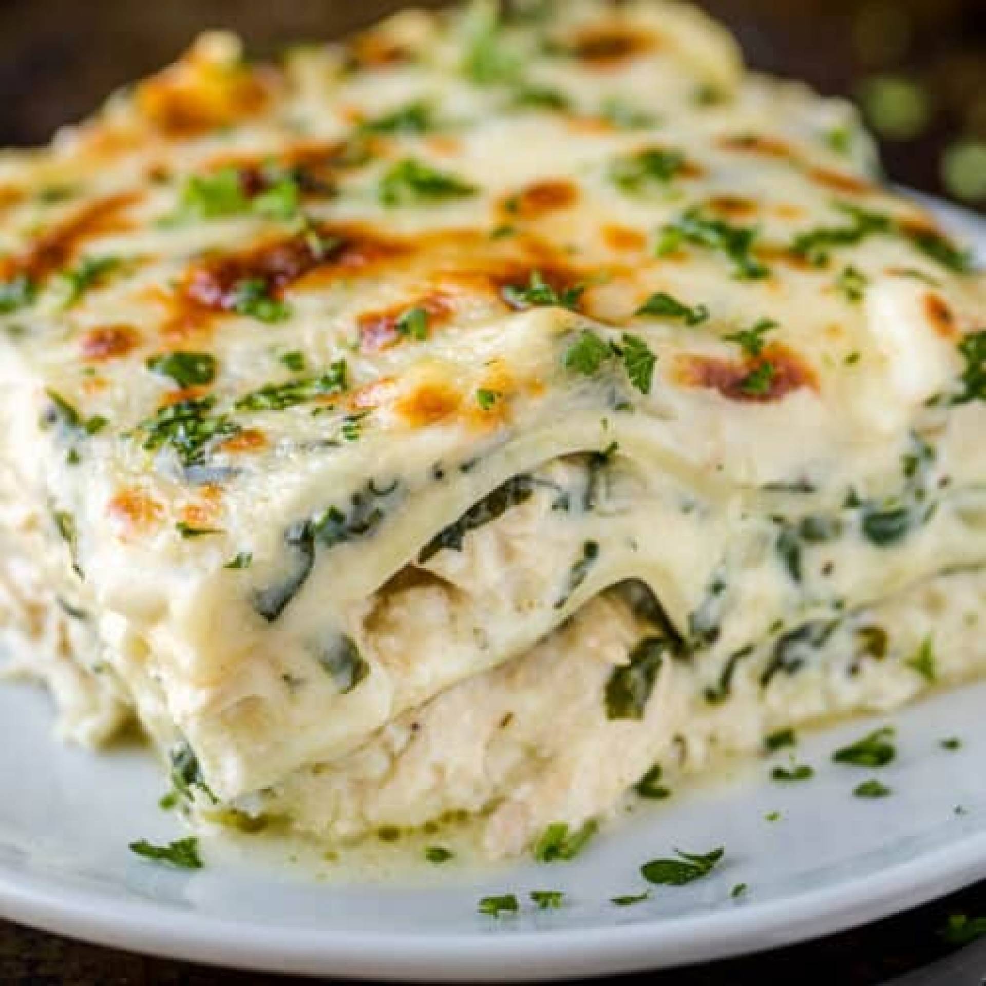 LASANA DE POLLO CON QUESO MOZARELLA Y SALSA CARBONARA