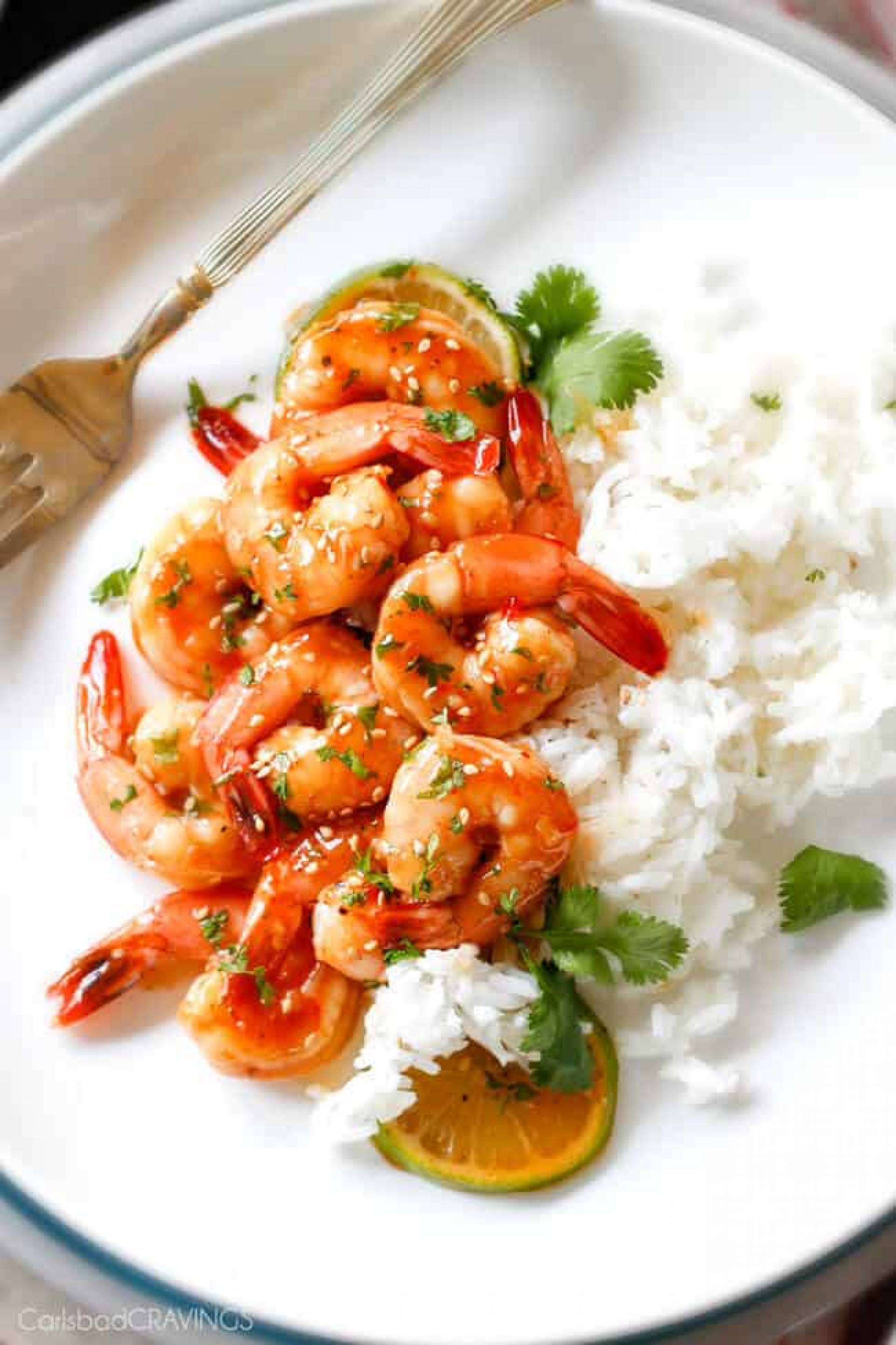 Camarones sweet chili con arroz jazmin