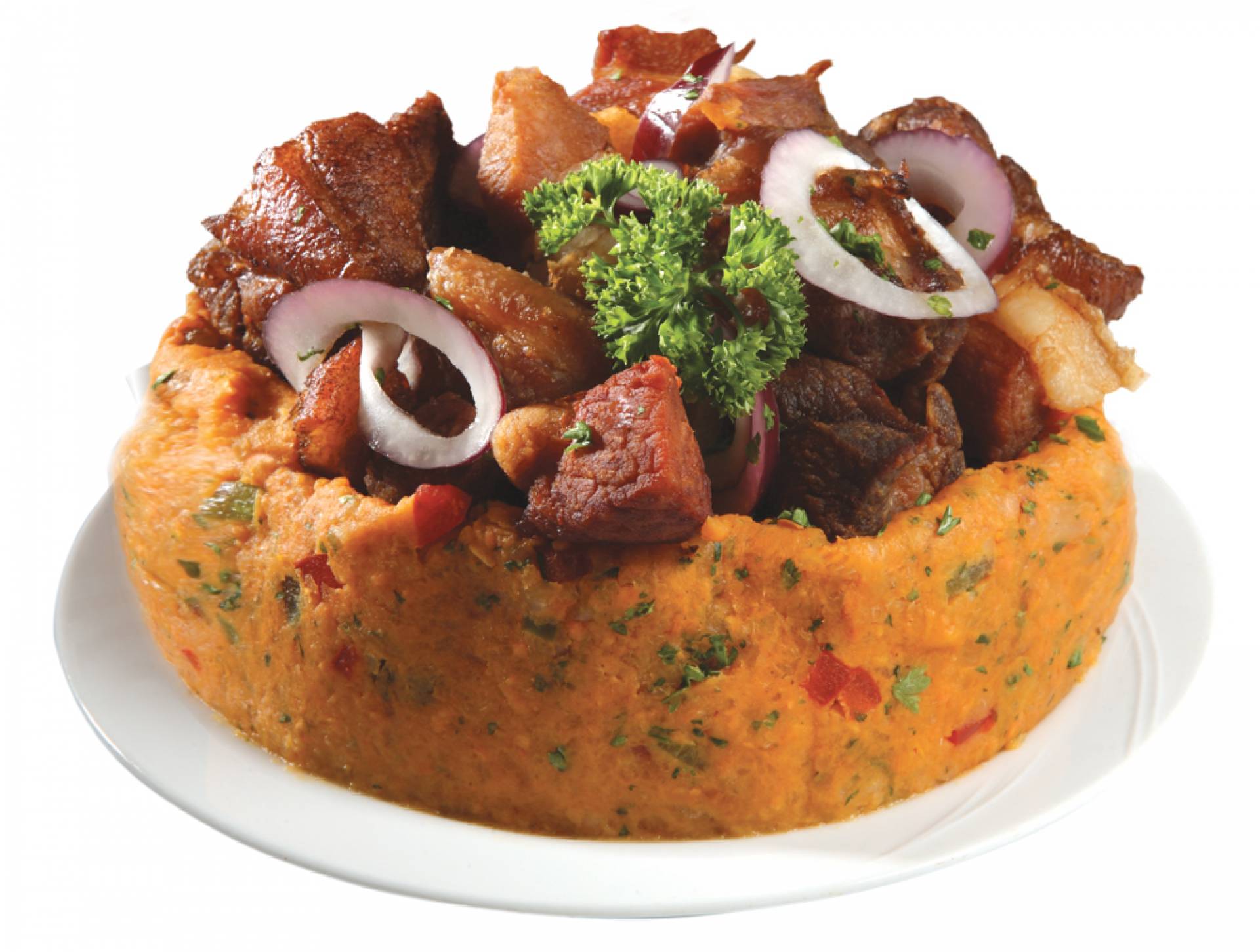 Carne frita con mofongo de batata