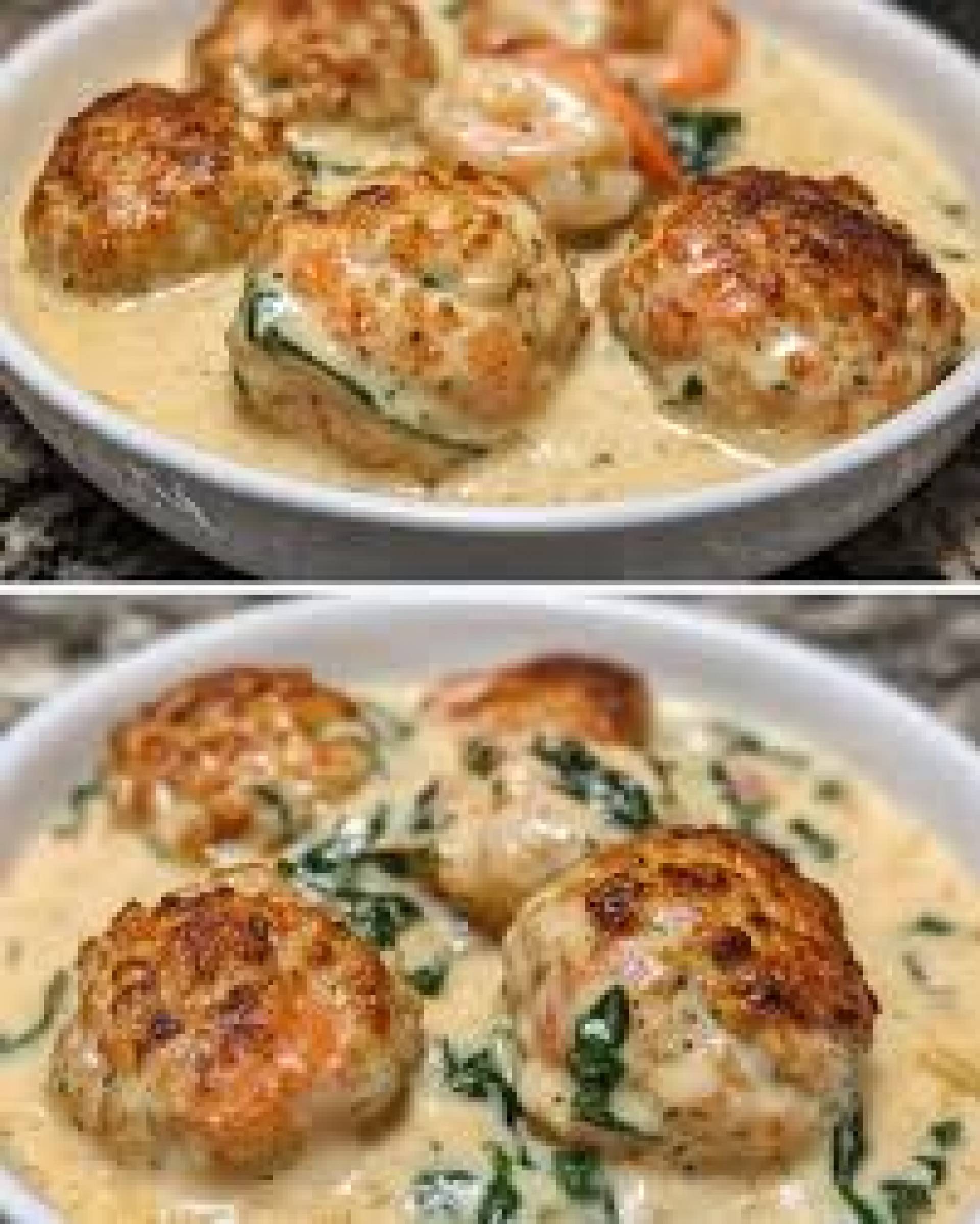 Albóndigas de res en salsa cremosa de espinacas y pasta fettucini